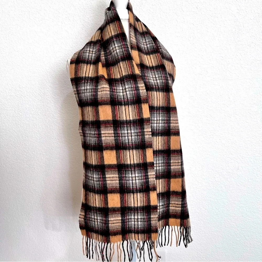 Kiltane of Scotland Tan Black Tartan Plaid Lambswool Scarf Fringe Unisex